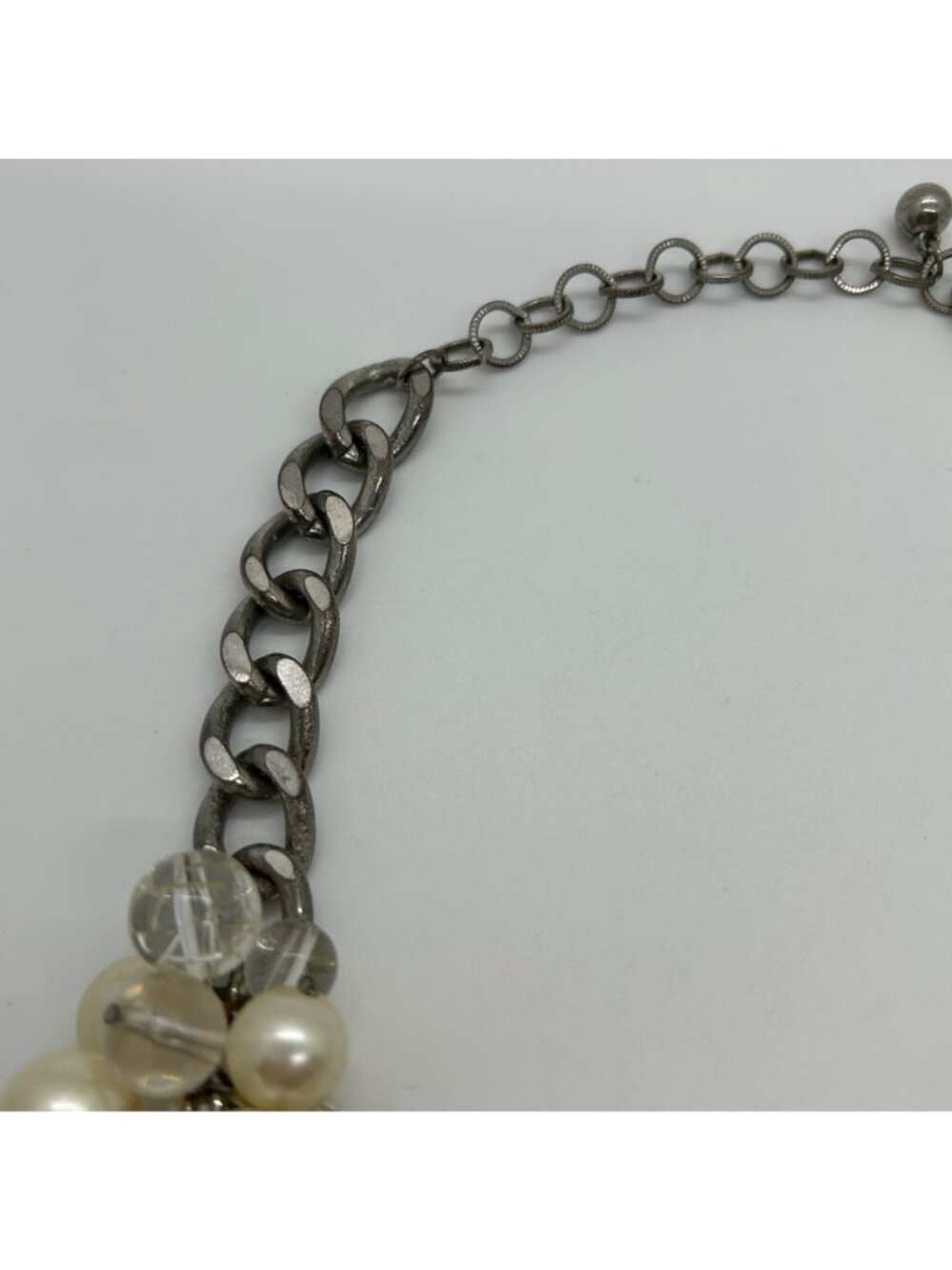 Faux Pearl & Clear Crystal Necklace Chunky Statement Bib Silver-Tone Adjustable - Picture 10 of 15